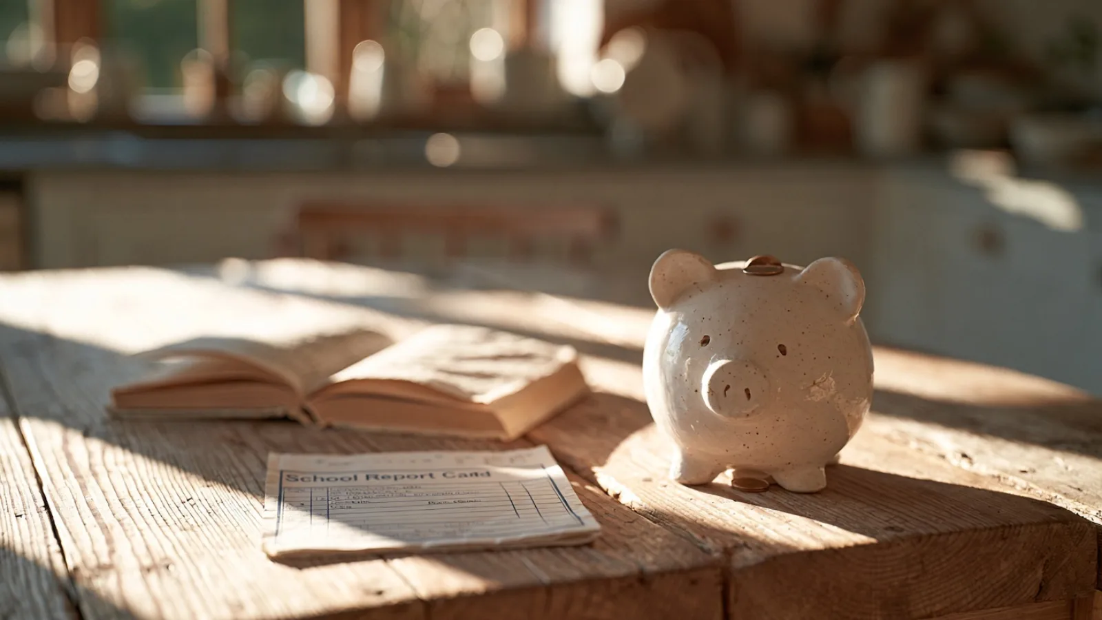 A report card, an open book, and a small stack of coins on a sunlit kitchen table