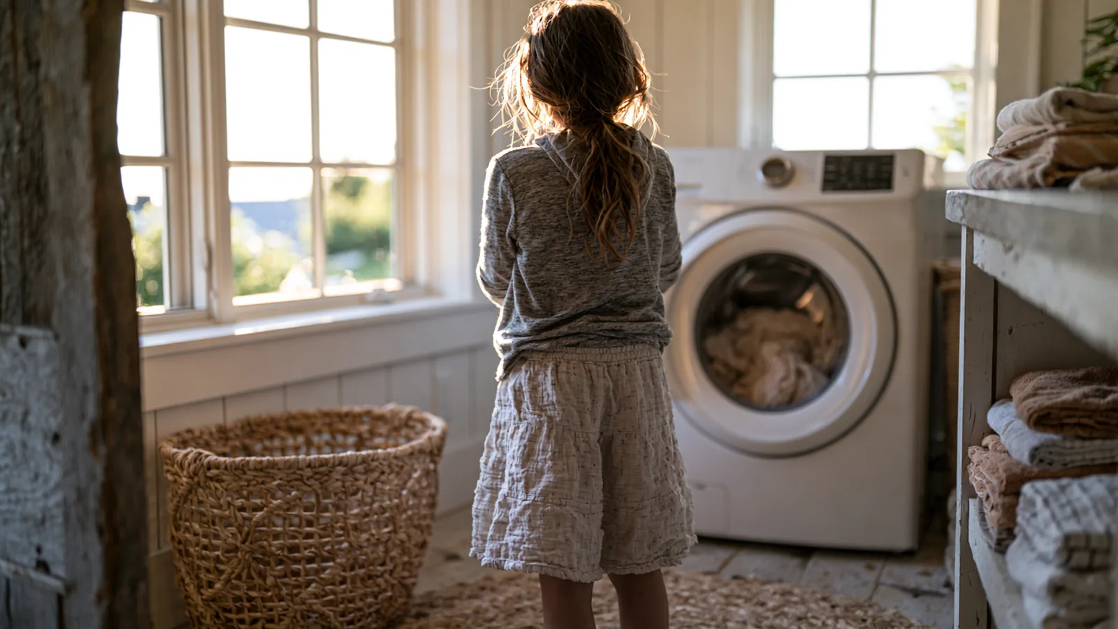 A child loading a front-load washing machine with a laundry basket on the floor in a sunlit home