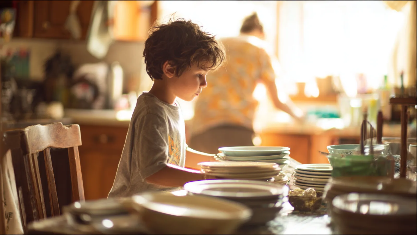 A child clearing dishes from the table unprompted while a parent works nearby