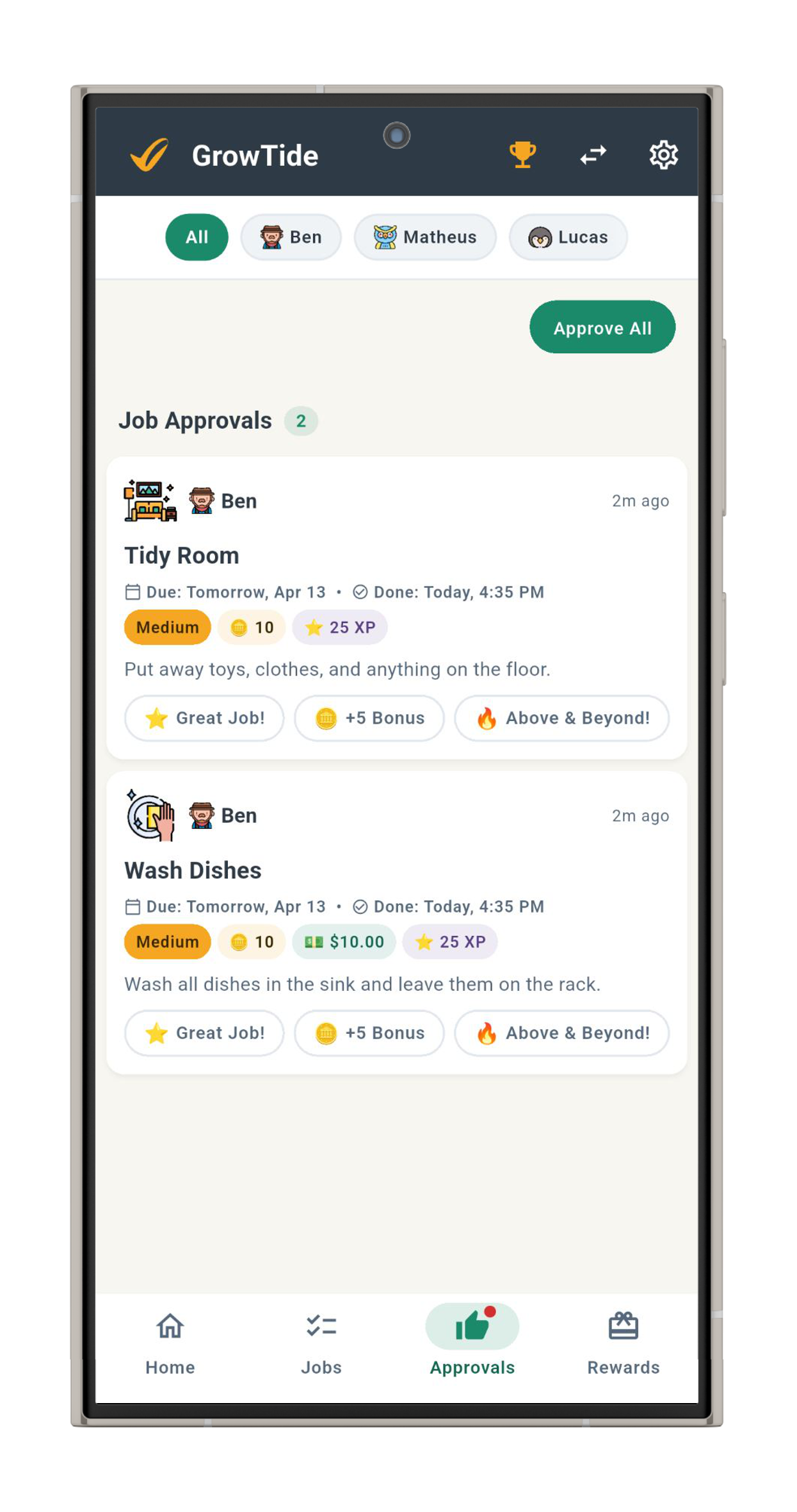 Parent approvals screen